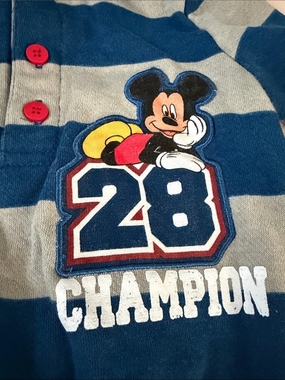 Disney Blue and Gray Striped Mickey '28 Champion' Footed Pajamas